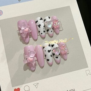 Pink Cute Bear and Cow Press on Nails/ Cow Print Nails/ Pink - Etsy