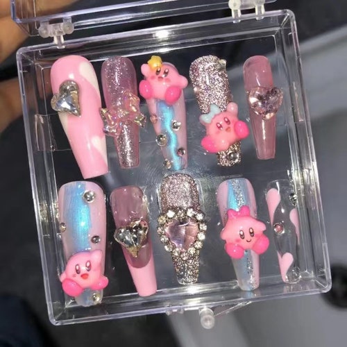Long coffin Kirby Inspired Press On Nails / Handmade Y2K Fake Nails/Spring Nails/Nintendo / Y2K Nails Kawaii Nails / Cute Japanese Nails