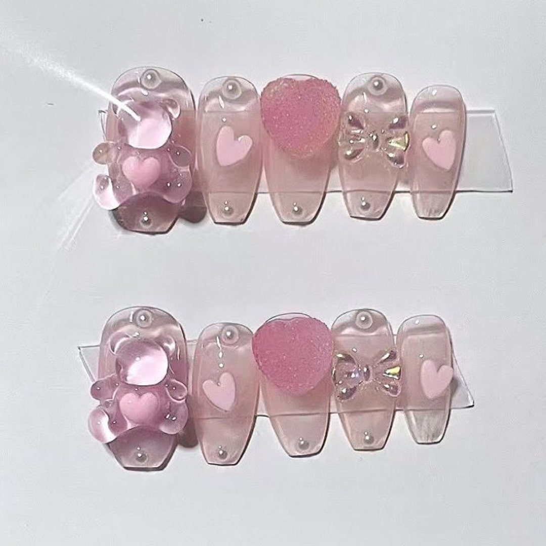 Pink Cute Bear Press on Nails/pink Kawaii Bear Fake Nails/y2k - Etsy