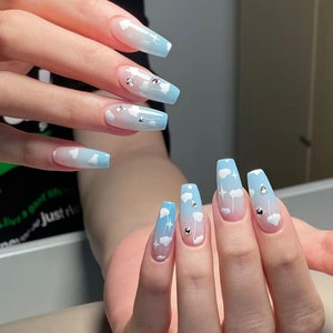 Blue Sky and White Cloud Press On Nails/ Summer Nails/ Cute Nails. #366