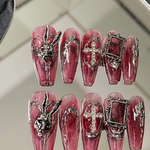 Red Bunny Head Press on Nails/ Gothic Bunny Nails/ Red Chrome - Etsy