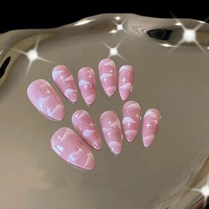 Romantic Pink Glitter and White Cloud Press On Nails/ Cloud Fancy Nails/ Elegant Nails/  #349