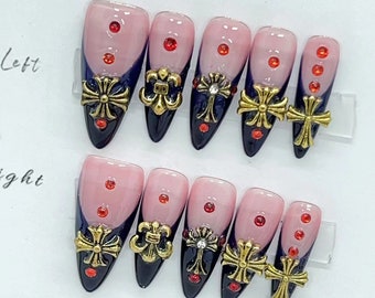 Black French and Gold Chrome Charms Press On Nails/ Gold Chrome Nails/ Black French Fake Nails/Victoria Style Nails #85