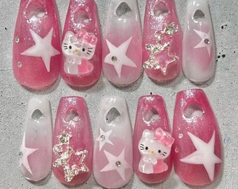 Glitter roze Kittyy witte ster pers op nagels/holle hart nep nagels/fancy nagels/lange kist vorm alleen #536