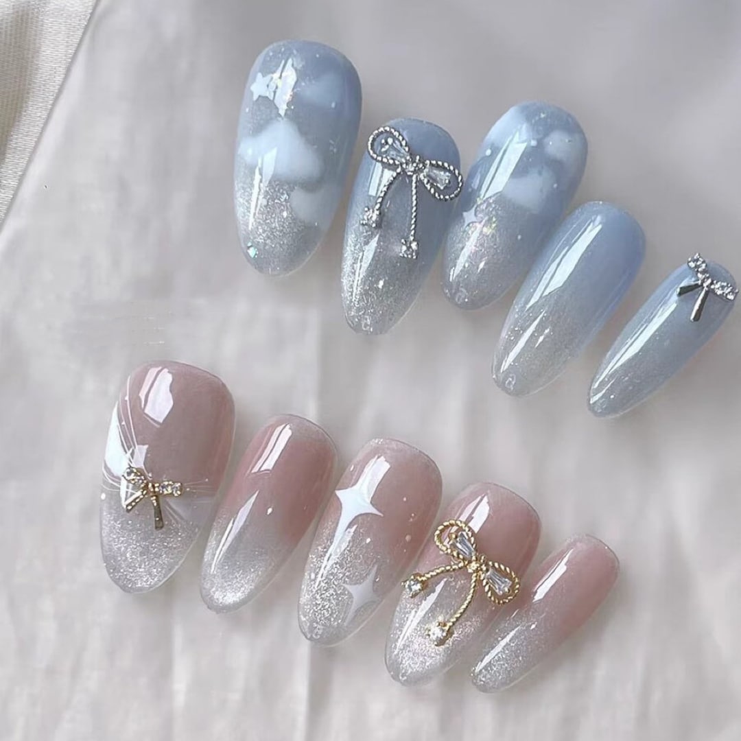 Translucent Dust Pink and Blue Cloud Star Press on Nails/ Gold - Etsy