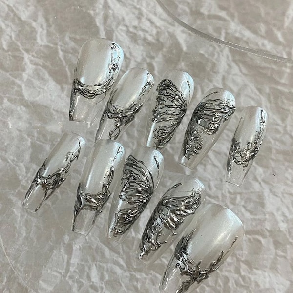 Dark Silver Metal Butterfly Press On Nails/ Gothic Nails/ Silver Fancy Nails #425