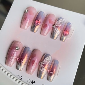 Pink Heart and translucent White Wing Press On Nails/ Princess Nails/ Wedding Nails/ Party Nails/ #418