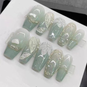 Green & White Wings and flower gradient Party Festive Handmade Press On Nails | Fake nails | False Nails| #4