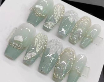 Green & White Wings and flower gradient Party Festive Handmade Press On Nails | Fake nails | False Nails| #4