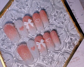 Pink and White Sugar Bowtie Press On Nails/ Sugary Glitter Nails/ Sugar heart Fake nails/ Cute Pink Sugar Nails/Kawaii Nails #202