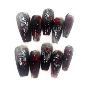 Black Silver butterfly Moon and Red Rhinestone Press On Nails/ Bloody Vampire Nails/ Halloween Nails/ Black and Red Gothic Nails #385