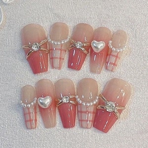 Rose Pink ombre plaid and Pearl heart Press On Nails/ Pink plaid Fancy Nails/Princess Nails/Elegant Nail/ Cute girl Nails/3D nail #27