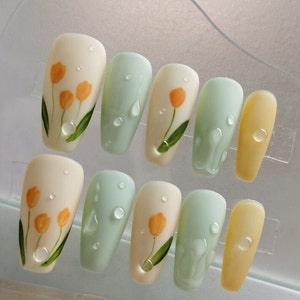 Dew Press On Nails/ Matte Orange Tulip, Fresh Tasting Garden Style, Luxury, Premium Press Ons, Handpainted, Reusable, Kawaii nails #96