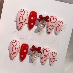 Red heart Press On nails/ Princess Fake nails/Red Bow nails/hand-painted Christmas Nails/ Red Valentine nails/ Red Cute Bell Nails #190