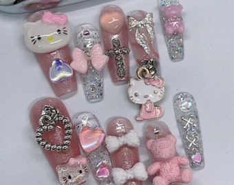 Glitter Cute Kittyy Cat Press On Nails / Handmade Y2K Fake Nails/Spring Nails/Y2K Nails Kawaii Nails / Cute Japanese Nails #315