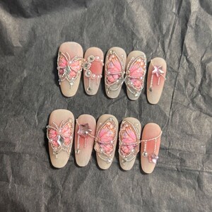 Romantic Pink Butterflies Press On Nails/ Cute Butterflies Fake Nails/ Elegant Nails #409