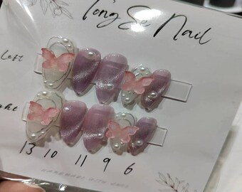Pearlescent Pink and white mix color with pink Butterfly Party Festive Handmade Press On Nails | Fake nails | False Nails| Pink Crystal #282