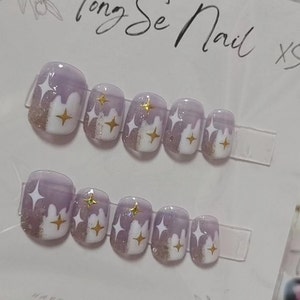 Light Purple Sky White and Glitter Gold  irregularity French with white and gold star  Nails/Fancy Nails/ Elegant Nail/ Wedding Nails #302