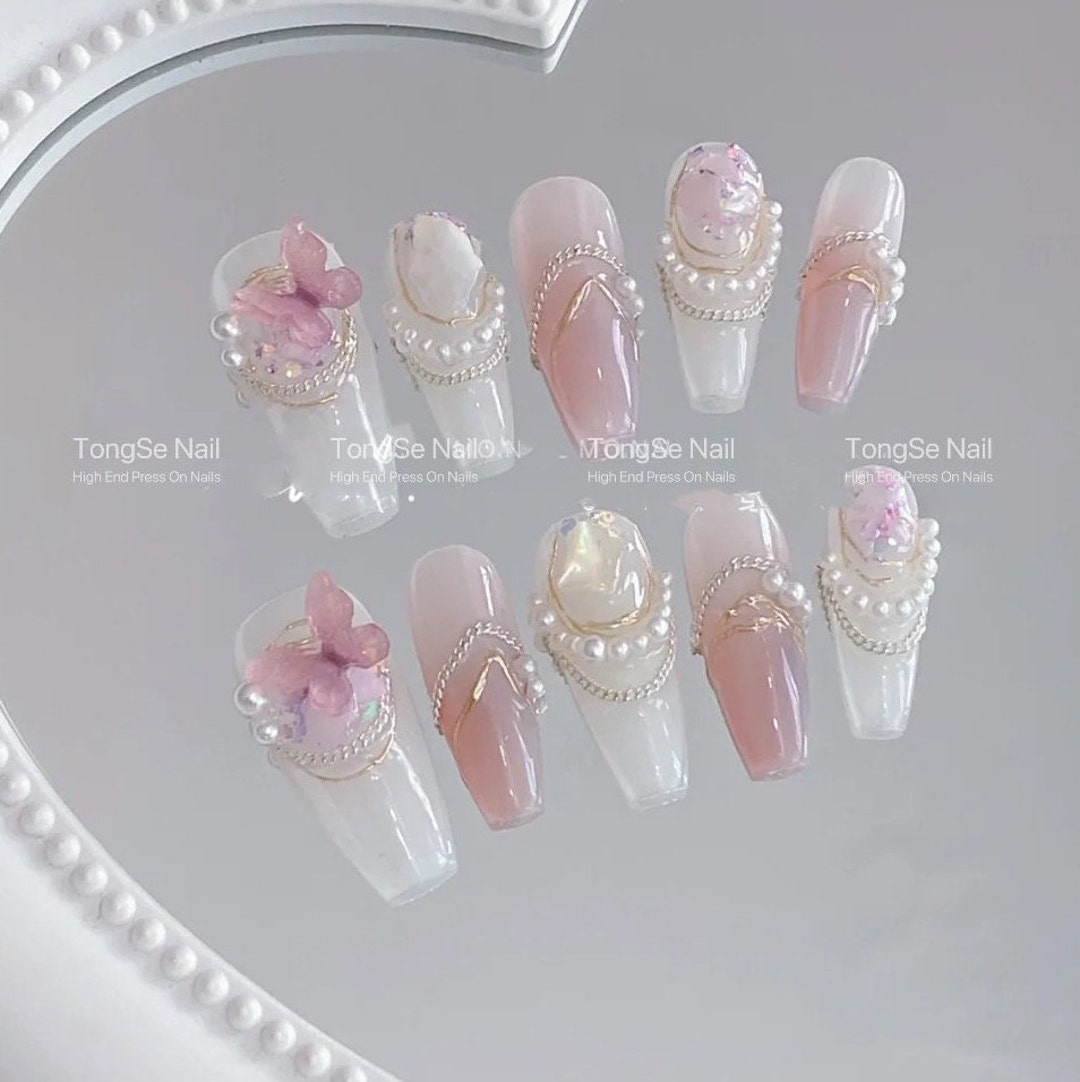 Ivory Pearl/ Chain/ Pink Butterfly Press on Nails/ Ivory - Etsy