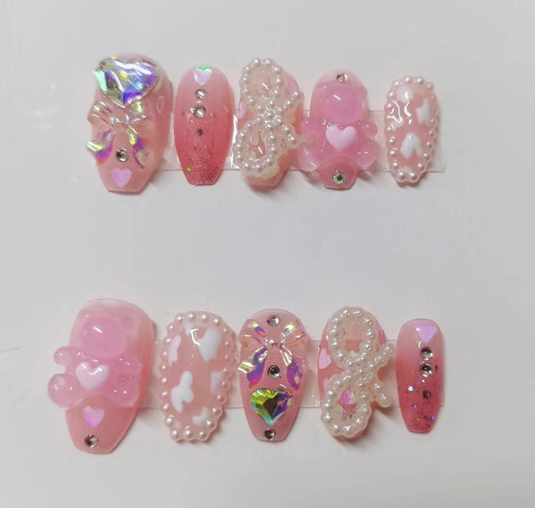 Pink Cute Bear and Pearl Bow Press on Nails/ Princess Fake Nails/pink Cow Cute Nails/pink