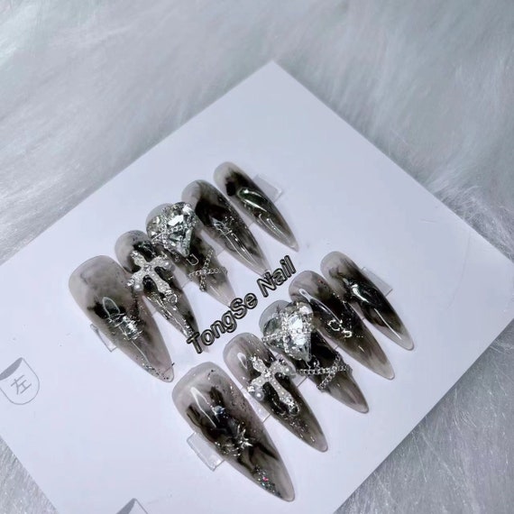 Black Glitter Press on Nails White Rhinestone/pearl Cross - Etsy