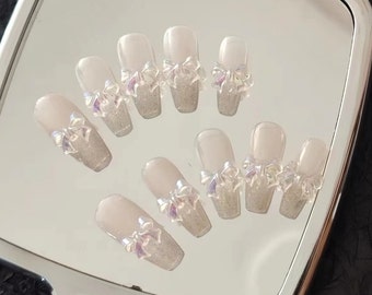 Glitter Silver Bowtie Press On Nails/Pink Glitter Nails/Princess Nails/Cute Pink Nails/ Bowtie girl Nails #155