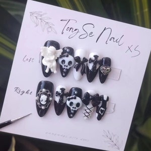 Cute Black Skull and Angel cobweb Punk Cool & Cute Cross Handmade Press On Nails/ Fake nails/ Halloween nails/Spooky nails #162