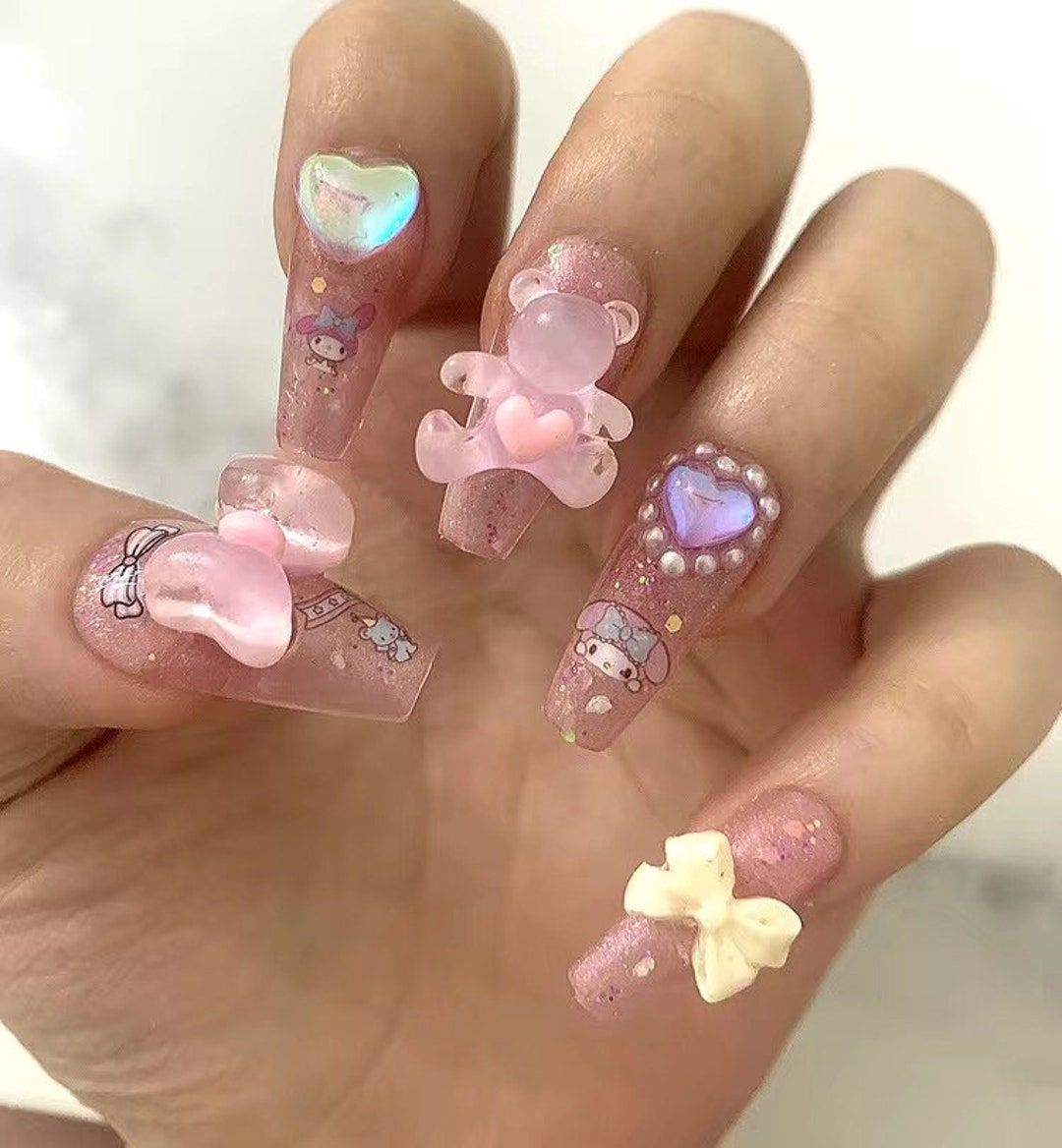 Pink Cute Bear Press on Nails/pink Kawaii Bear Fake Nails/y2k - Etsy