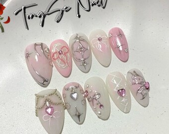 Hand painted ivory dream Press On Nails/ Cute Nails/ silver line Nails/ wedding nail/ Elegant nail#627