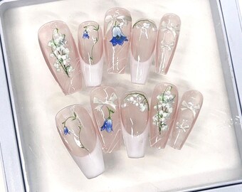 French Orchid and Lily of the Valley Press On Nails/ Flower Fake Nails/ Wedding Party Nails/ Elegant Nails/ Boutique Nails/ Reusable #396