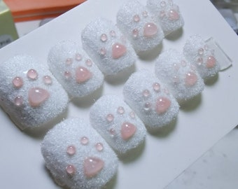 White Fluffy Pink Puppy Paw Press On Nails / 3D Snow Puppy Pow Fake Nails / Paw Nails / Y2K Nails Kawaii Nails / Cute Nails #220