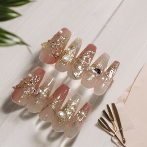 Golden relief butterfly Press Ons/ Gold Gothic Luxury Premium Glossy Party Festive Hand Painted Press On Nails/Fake nails #121