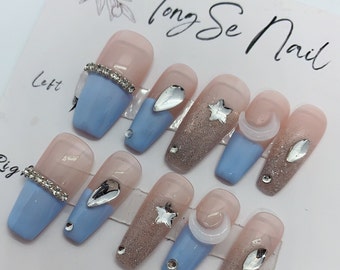 Blue French Design with White Crescent Press On Nails/Blue Fancy Nails/Princess Nails/Elegant Nail/ Cute girl Nails #5