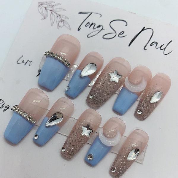 Blue French Design with White Crescent Press On Nails/Blue Fancy Nails/Princess Nails/Elegant Nail/ Cute girl Nails #5