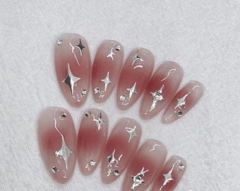 Rose Pink Brush Silver Star Press On Nails/Rose Fancy Nails/Princess Nails/Elegant Nail/Wedding Nails #84