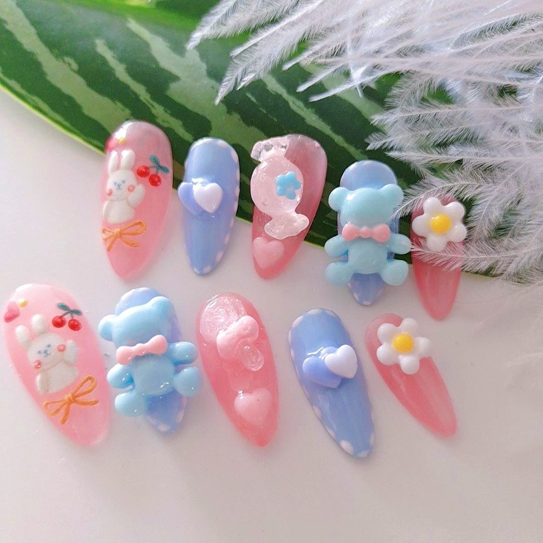 Pink and Blue Bunny and Bear Press on Nails/ Cute Candy/ Flower/heart ...