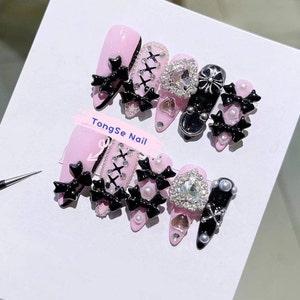 Pink and black Kawaii Bowtie Press On Nails/ Pink Princess Nails/ Pink and Black Lolita Fake Nails/Hand painted Girding Nails #197