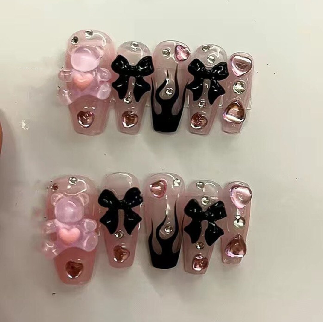 Pink Cute Bear Press on Nails/pink Kawaii Bear Fake Nails/y2k - Etsy