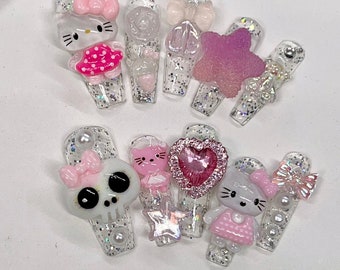 Glitter Silver Cute Kitty And Skull Press On Nails/ Pink Star Heart Bow Nails/ Kwaii Y2K Nails/ #397