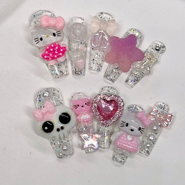 Glitter Silver Cute Kitty And Skull Press On Nails / Pink Star Heart Bow Nails / Kwaii Y2K Nails / #397