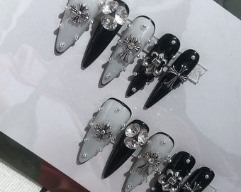 Hoary and Black Chrome Style Press On Nails/ Silver Rivet Punk and Gothic Fake Nails/ Reusable Nails/ Goth Fake nails #36