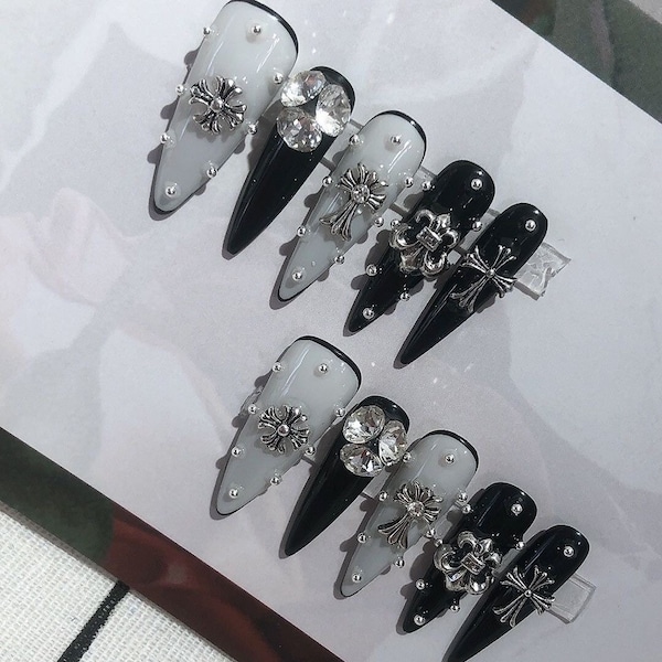 Hoary and Black Chrome Style Press On Nails/ Silver Rivet Punk and Gothic Fake Nails/ Reusable Nails/ Goth Fake nails #36