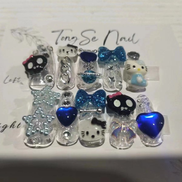 Cute Black Skull and Kitty Punk Cool & Blue Heart and Star Press On Nails/ Fake nails/ Halloween nails/Spooky nails #139