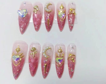 Sailor Moon Press On Nails Sailor Moon Nails Japanese Nails Kawaii Nails Fake Nails Long Short Coffin Stiletto Square Oval #12