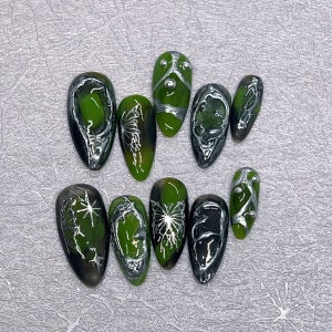 Green and black ombré Silver Butterfly Press On Nails/ Silver Star Nails/ Gothic Nails/ reusable Nails #402