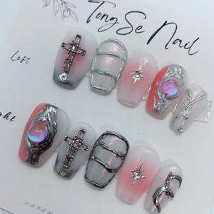 Luxury Pink Cross Nails/ Pink and Ivory Silver  Press On Nails/ Silver Metal Style Nails/ Pink Gothic Nails #433