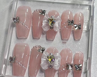 translucent Pink with white Bow Pearl/ rhinestone Heart Press On Nails/ Elegant Nails/ Wedding Nails/Cute Nails #281