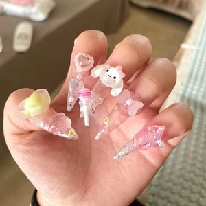 20PCS Kawaii Resin Nail Charm Cute Lollipop/Cherry/Cartoon Bear Large Size  Rhinestone For Long Manicure Accessories Nail Craft
