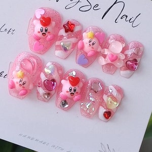 Glitter Thulian Pink Kirbby Inspired Press on Nails / Handmade - Etsy
