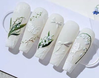 White lily of the valley Press On Nails/Floral Fake Nails. White Flower Nails/Cute Nails/Elegant Nails/Wedding Nails/Gift for Her #56